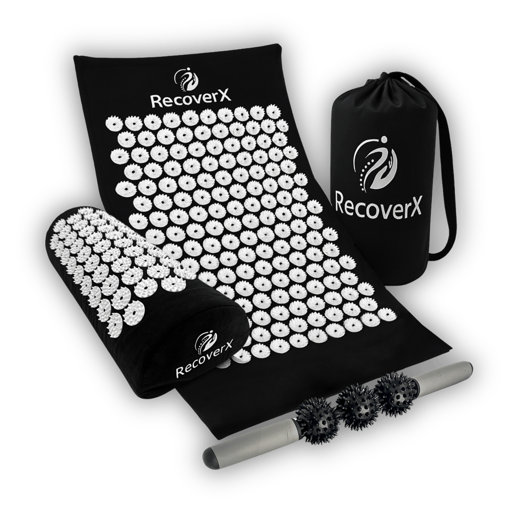 RecoverX acupressure mat, pillow, massage stick and carry bag